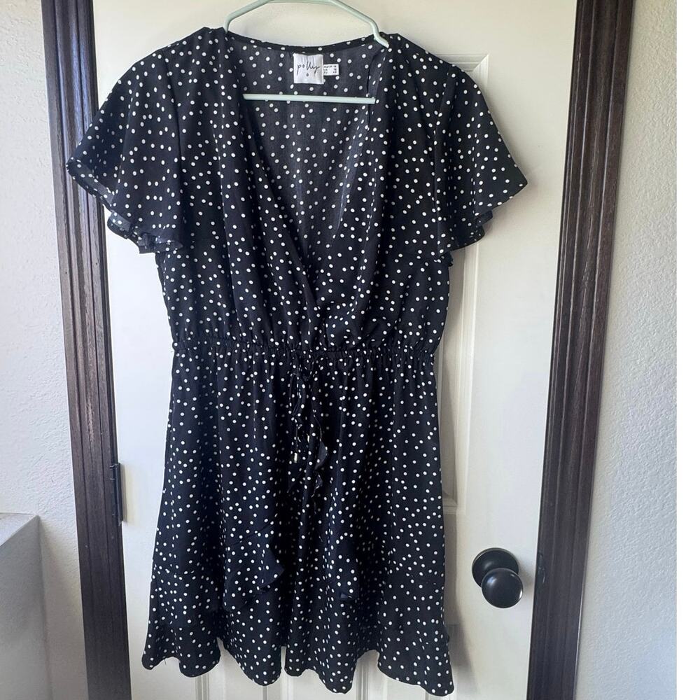 Polly Black White Polka Dot V-Neck Dress US 10 UK 14